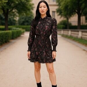 CINQ À SEPT Sakura Floral Long‎ Sleeve Satin Dress In Asphalt Multi size 2 NEW